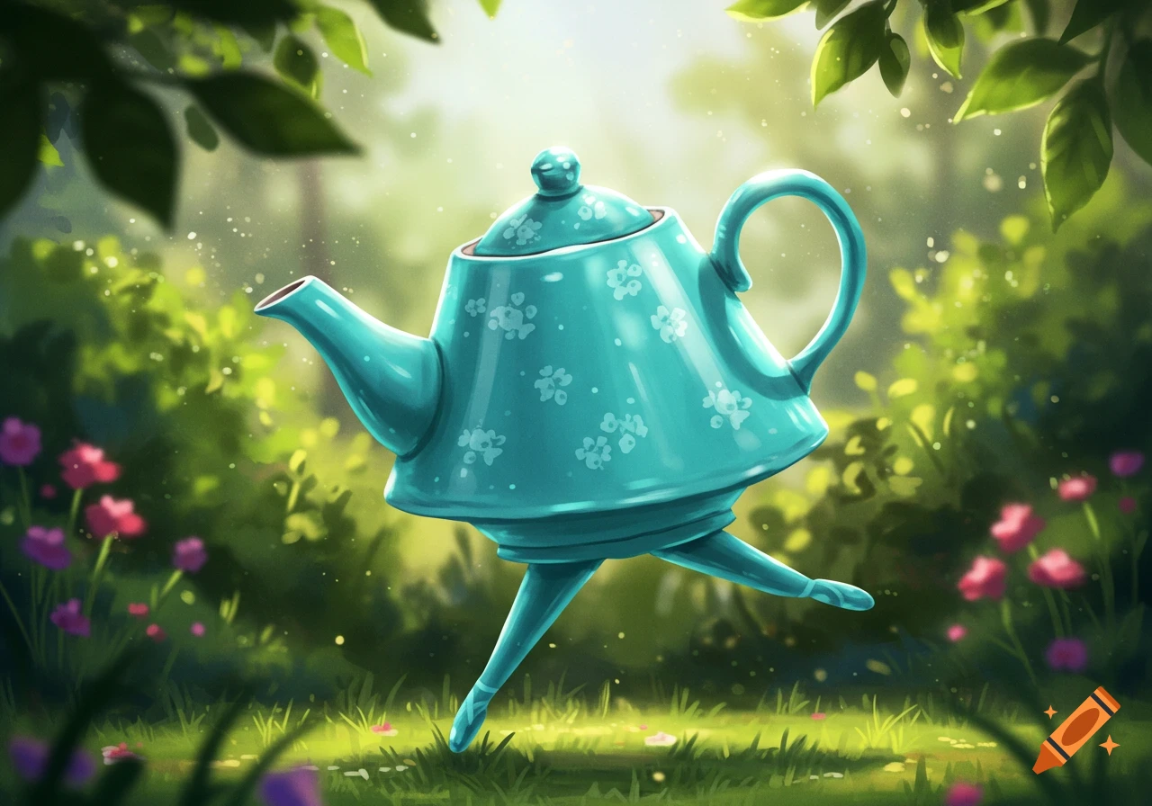 A turquoise teapot with a floral pattern dances like a ballerina in a sunny garden.
