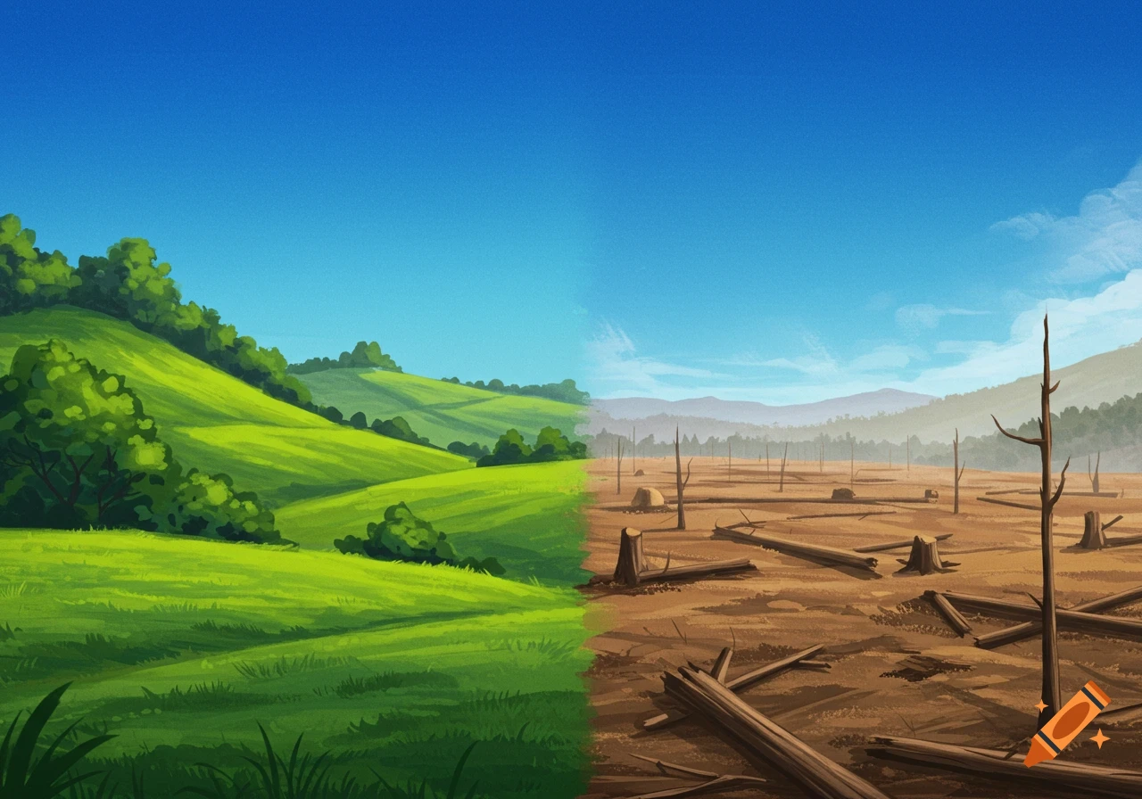 Image contrasting green hills with deforested land.