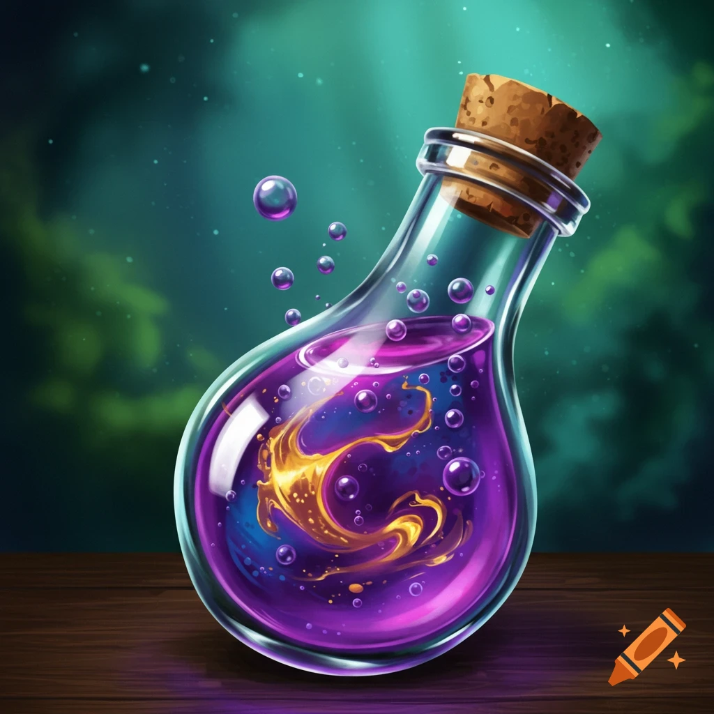 A glass potion bottle filled with glowing purple and gold liquid and bubbles sits on a wooden surface.