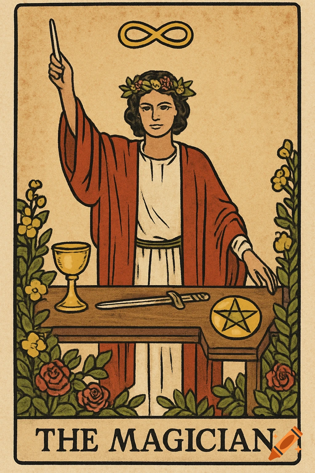 Illustration of The Magician tarot card featuring a figure, symbols, and text.