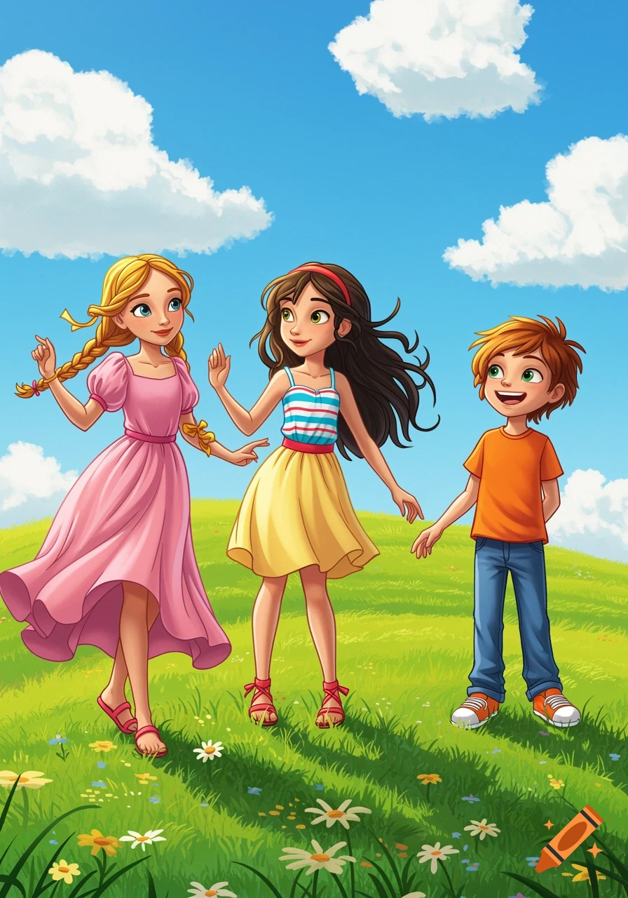 Three children are playing in a sunny meadow. The scene has a storybook illustration style.