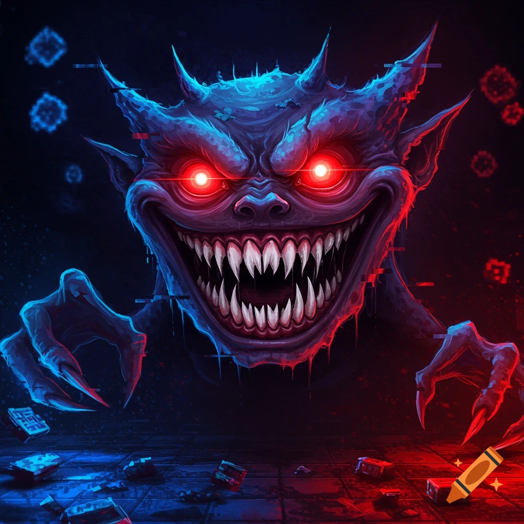 A scary monster with red eyes, sharp teeth, and claws, with blue and red lighting and glitch effects.