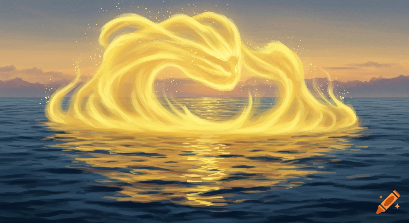 A swirling golden mist creature rising from the sea at sunset with sunlight reflecting on the water.