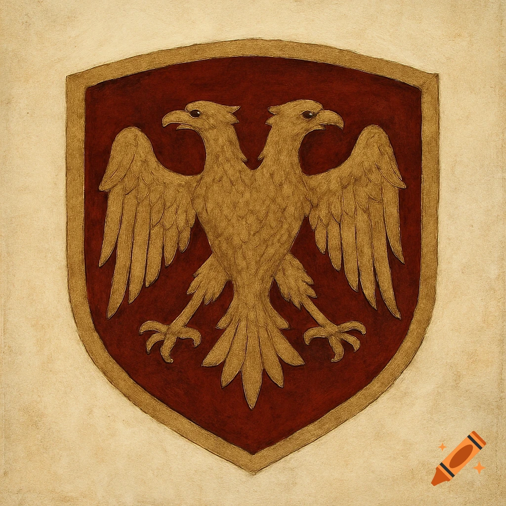 Red shield with a golden two-headed eagle emblem in a painted style.