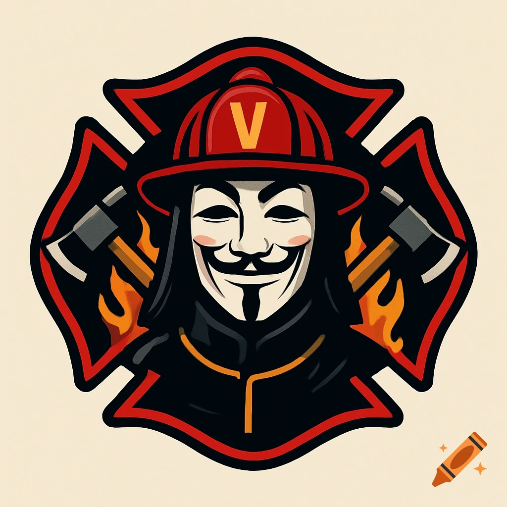 Stylized logo of a figure wearing a Guy Fawkes mask and fireman helmet with axes and flames.