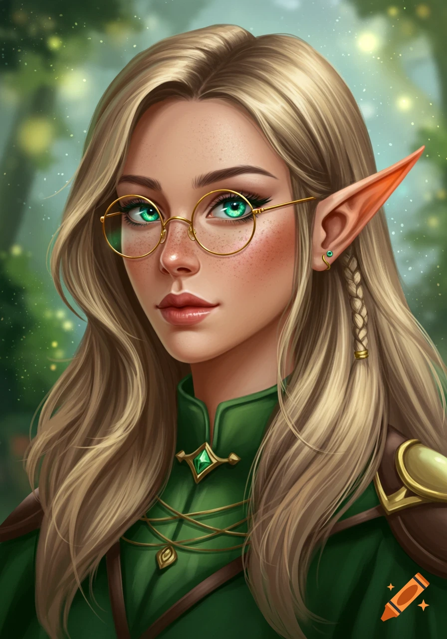A female elf with glasses and pointy ears is in a forest.