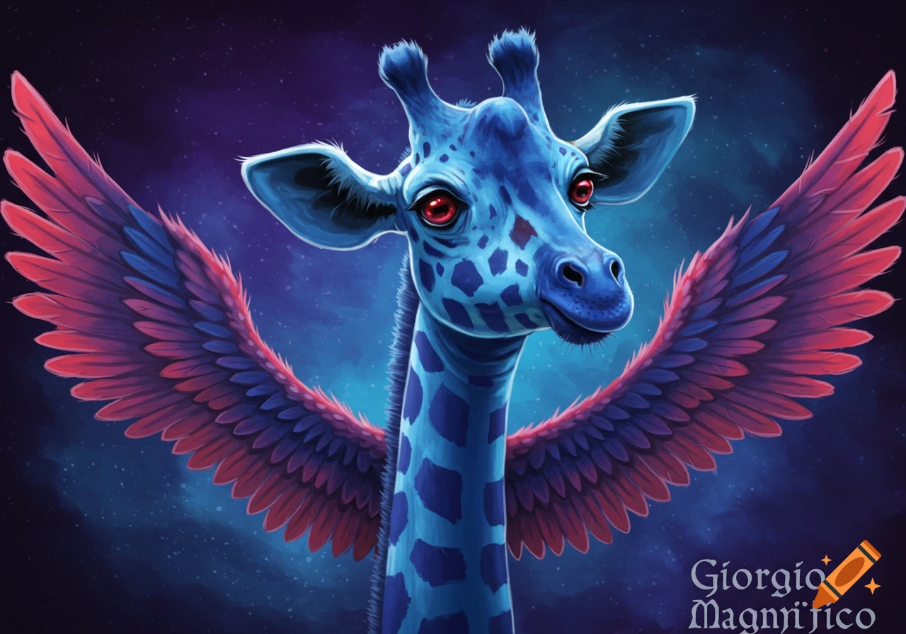 A blue giraffe with red eyes and wings in space