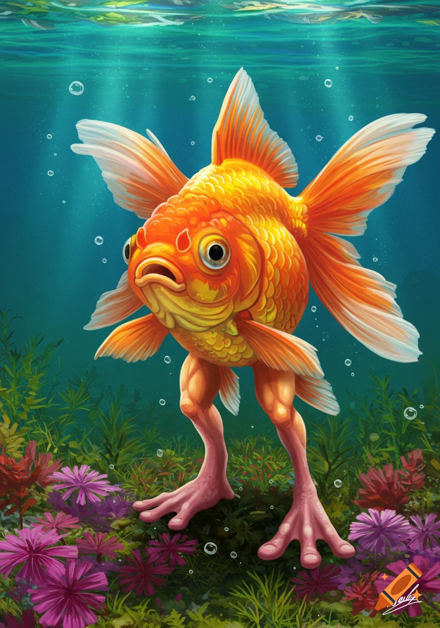 A goldfish with human-like legs stands on the seabed among colorful plants.