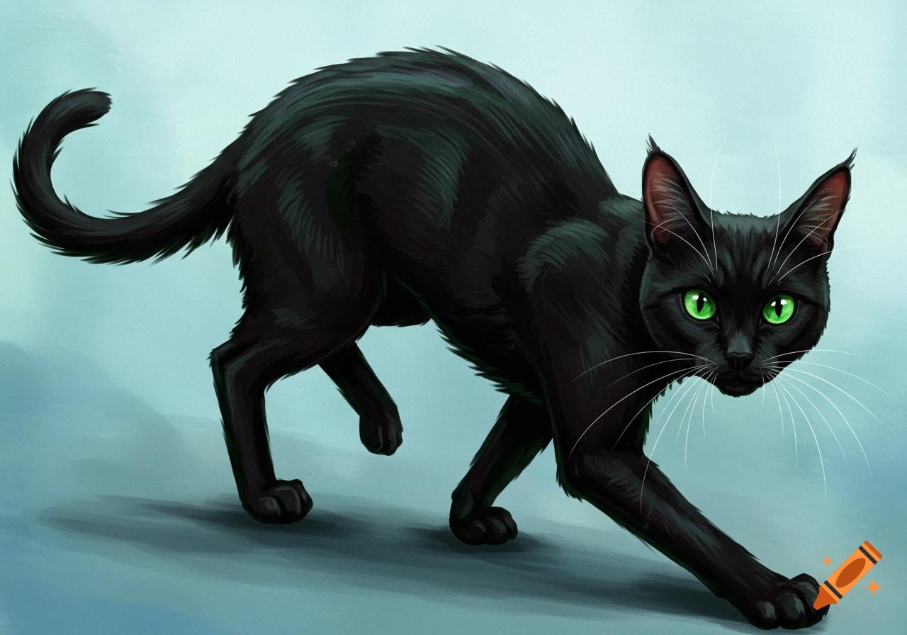 A black cat with bright green eyes crouches.