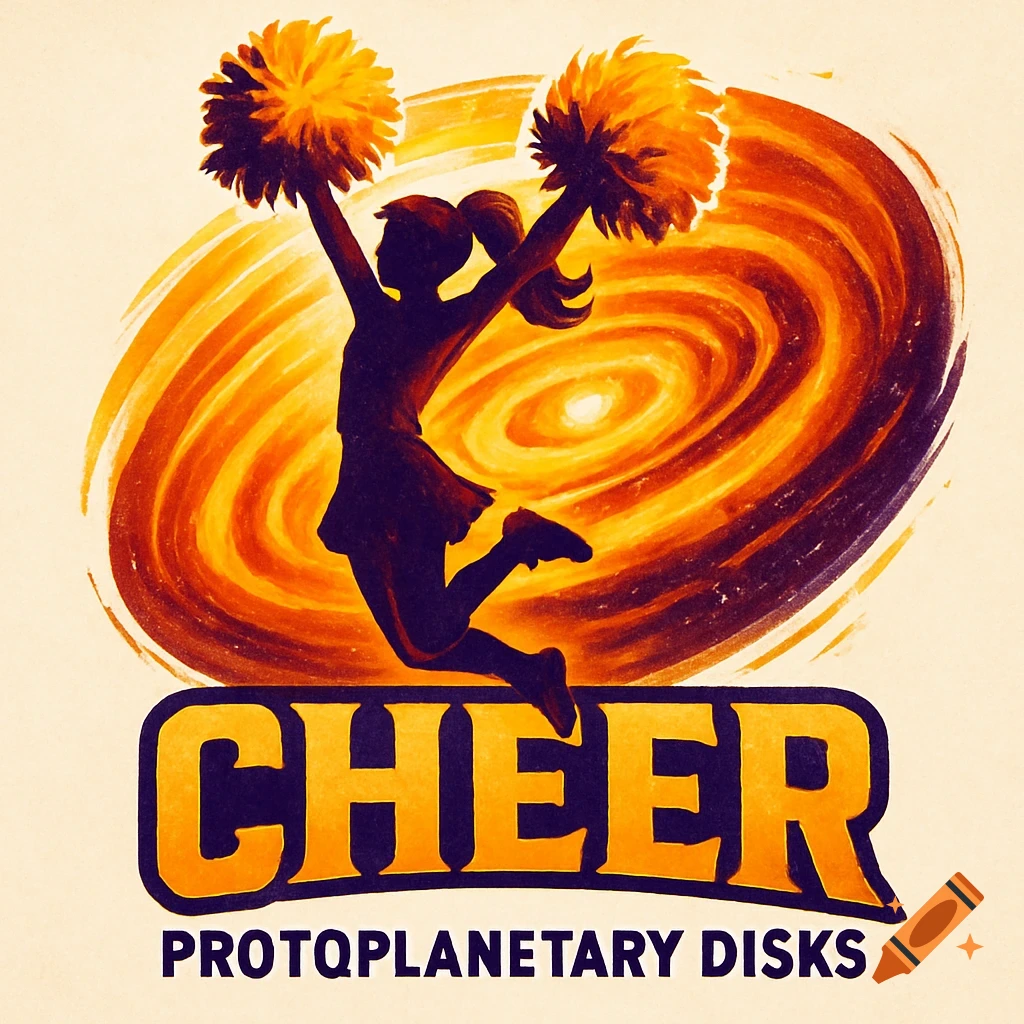 Silhouette of a cheerleader jumping with pom-poms against a swirling orange background and text below.