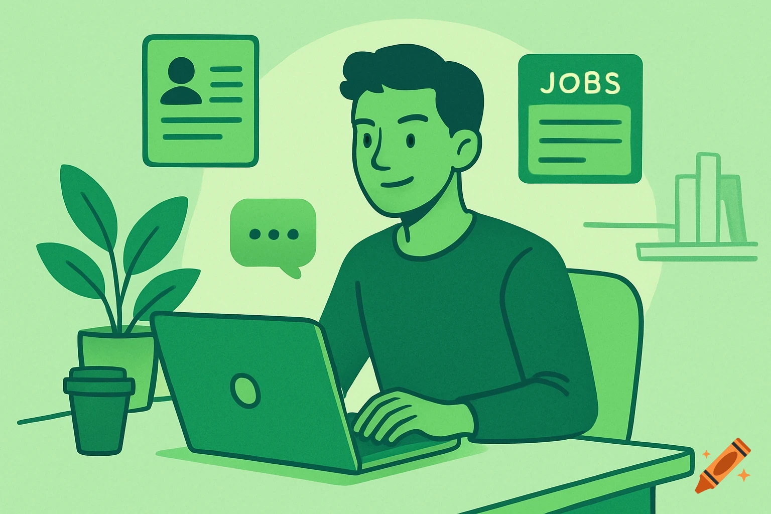 Flat illustration of a person using a laptop with icons for resume and jobs, in green tones.