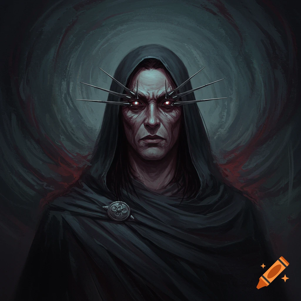 A man in a dark cloak with glowing eyes and metal spikes around his eyes is set against a swirling background.