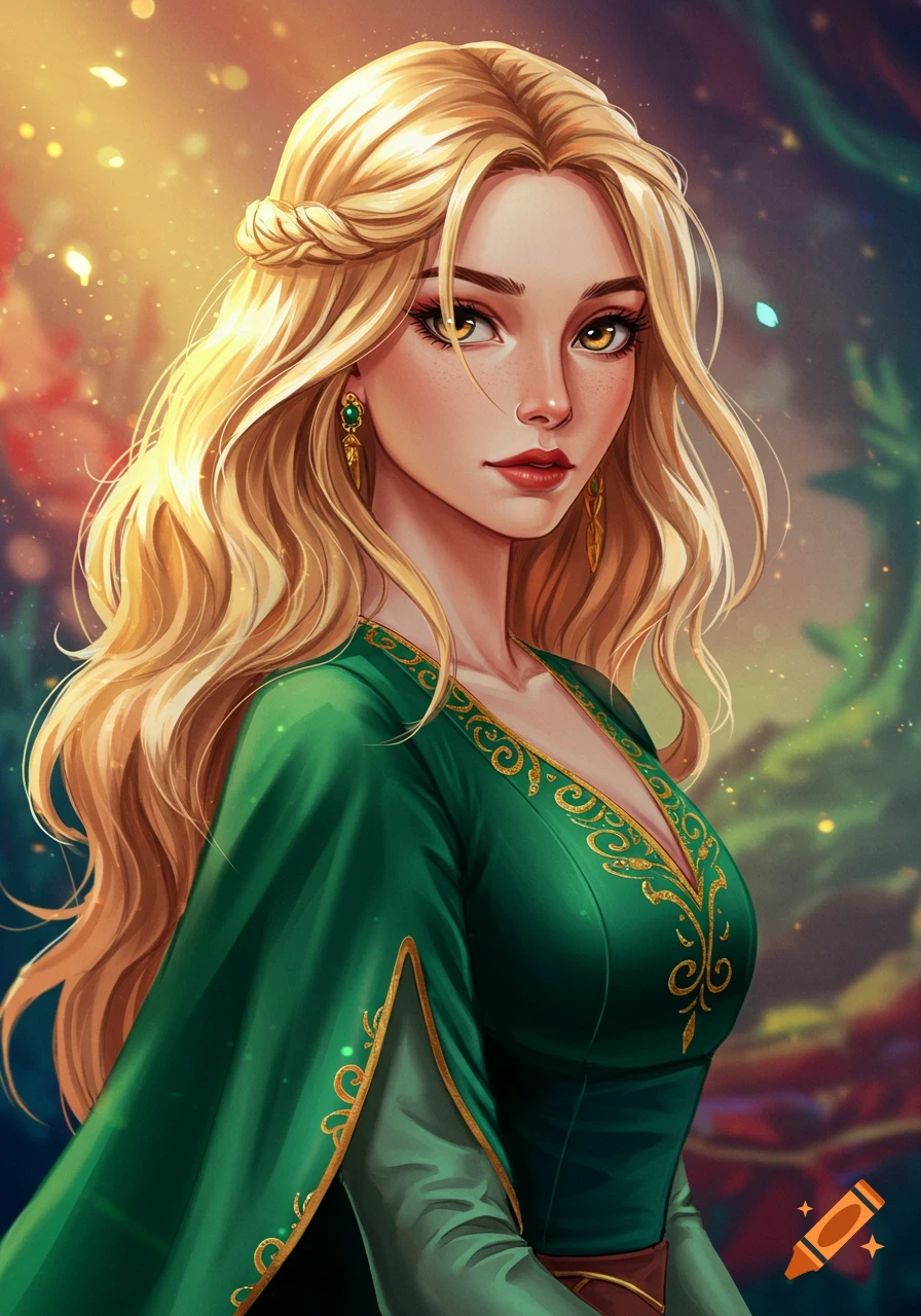 A portrait of a blonde woman with hazel eyes in a green fantasy dress.