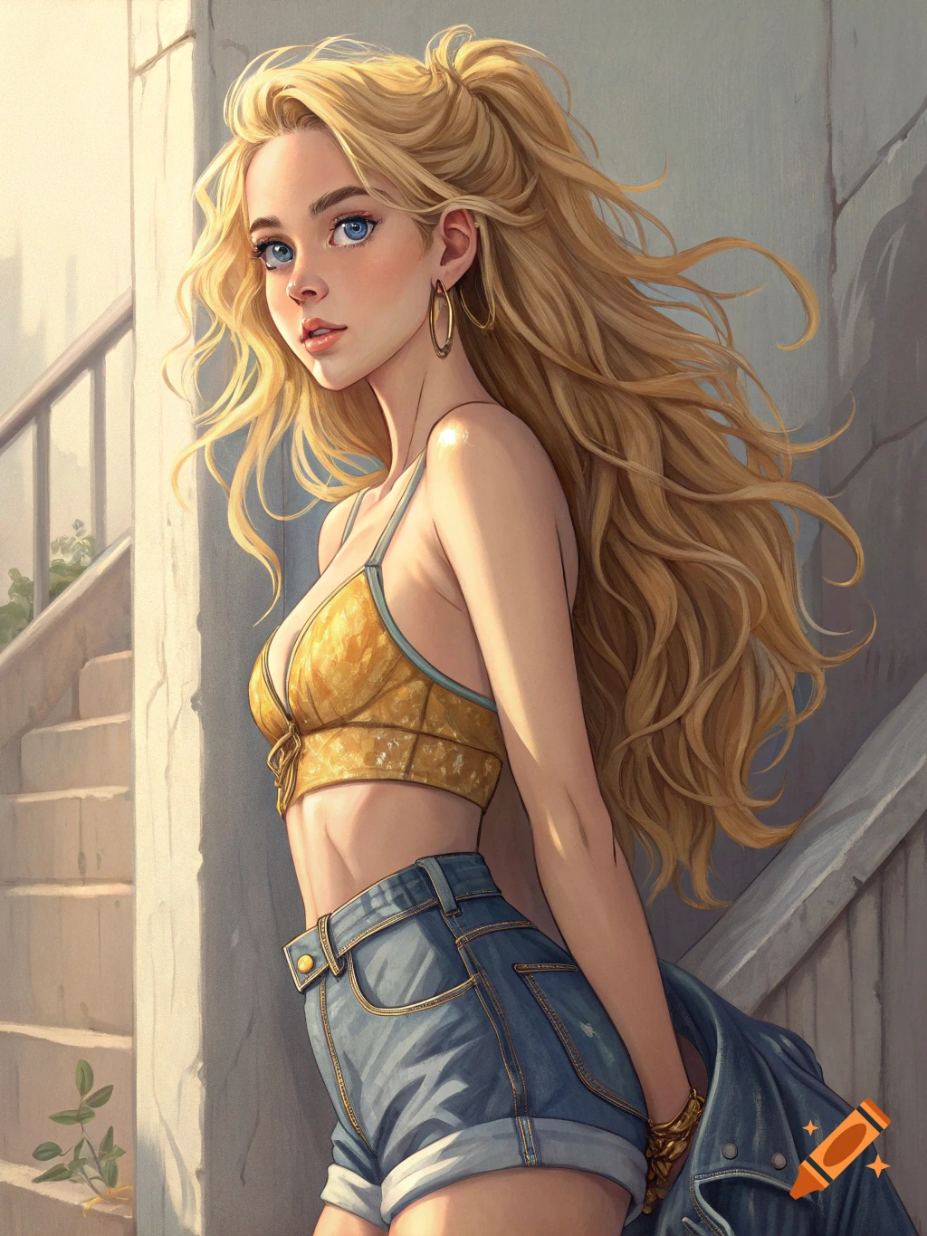 A young woman with long blonde hair in a yellow crop top and jean shorts leaning against a wall.