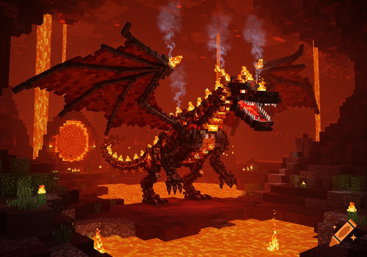A pixelated fire dragon mech stands in a Minecraft Nether environment with lava.