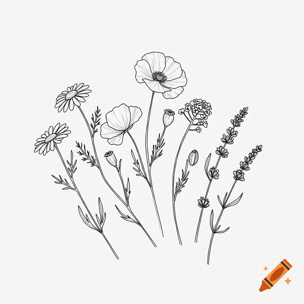 Minimalist black line drawing of various flowers including chamomile, poppy, and lavender.