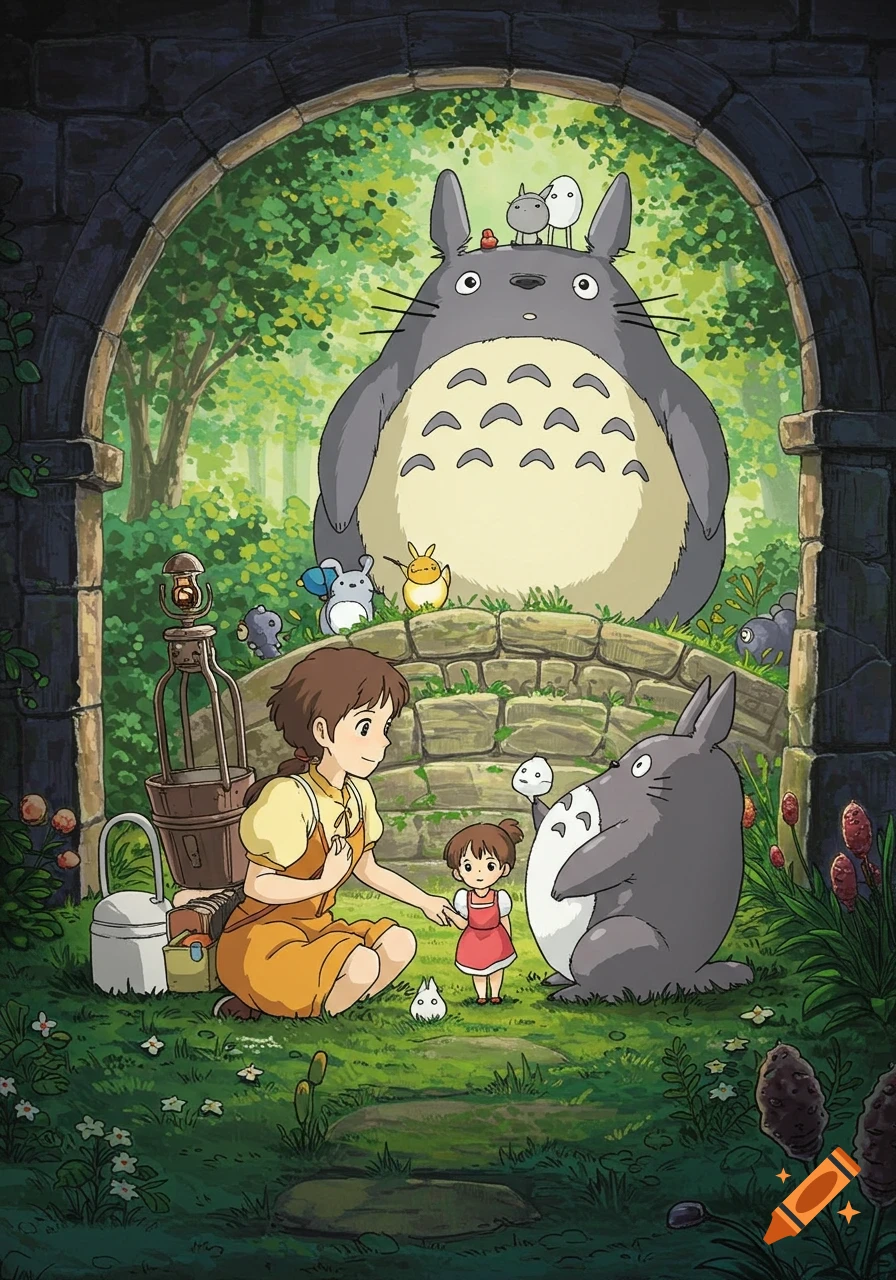 Illustration of Totoro, a woman, and a girl with small creatures under a stone arch in a forest