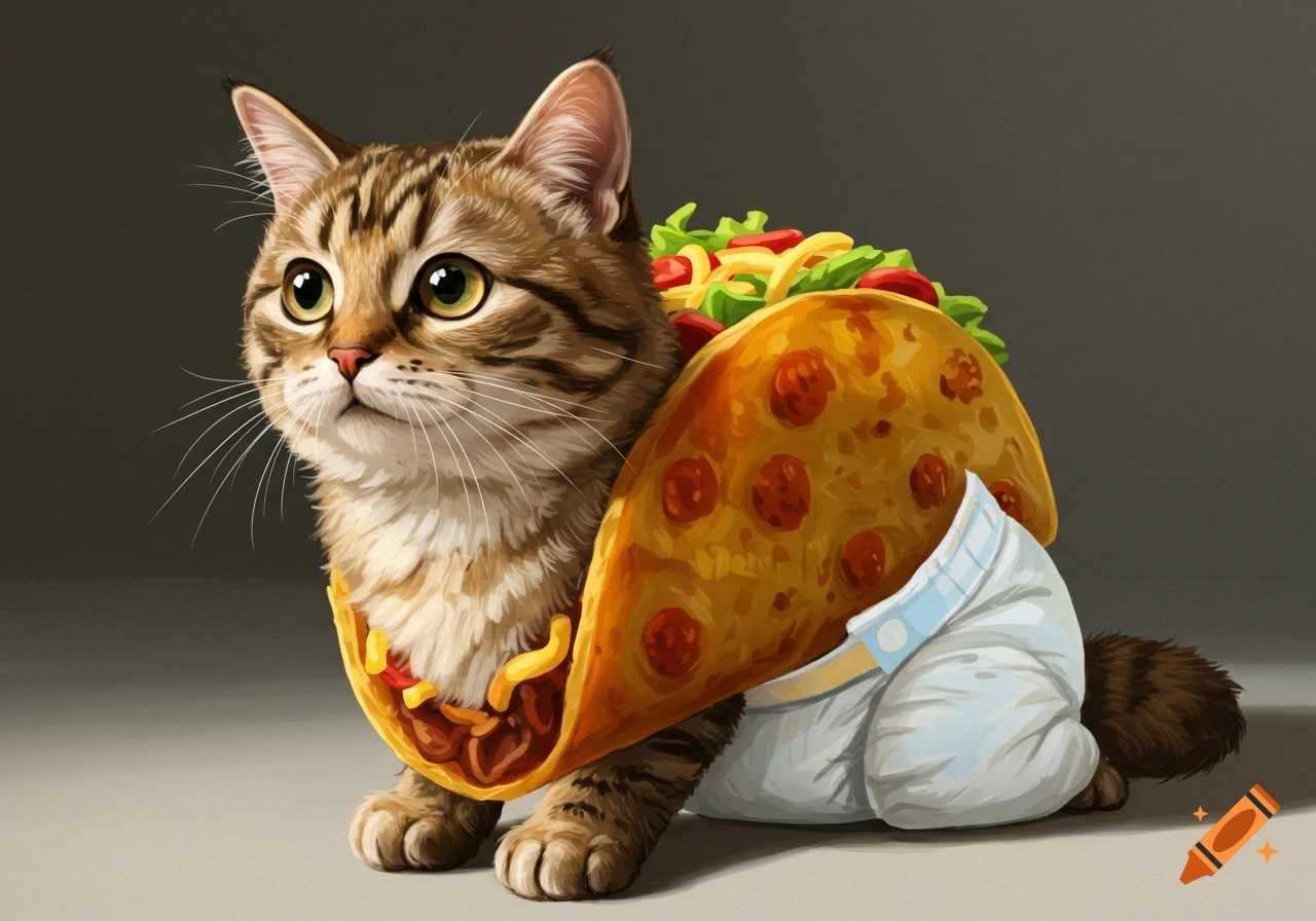 A tabby cat dressed as a taco and wearing a diaper.