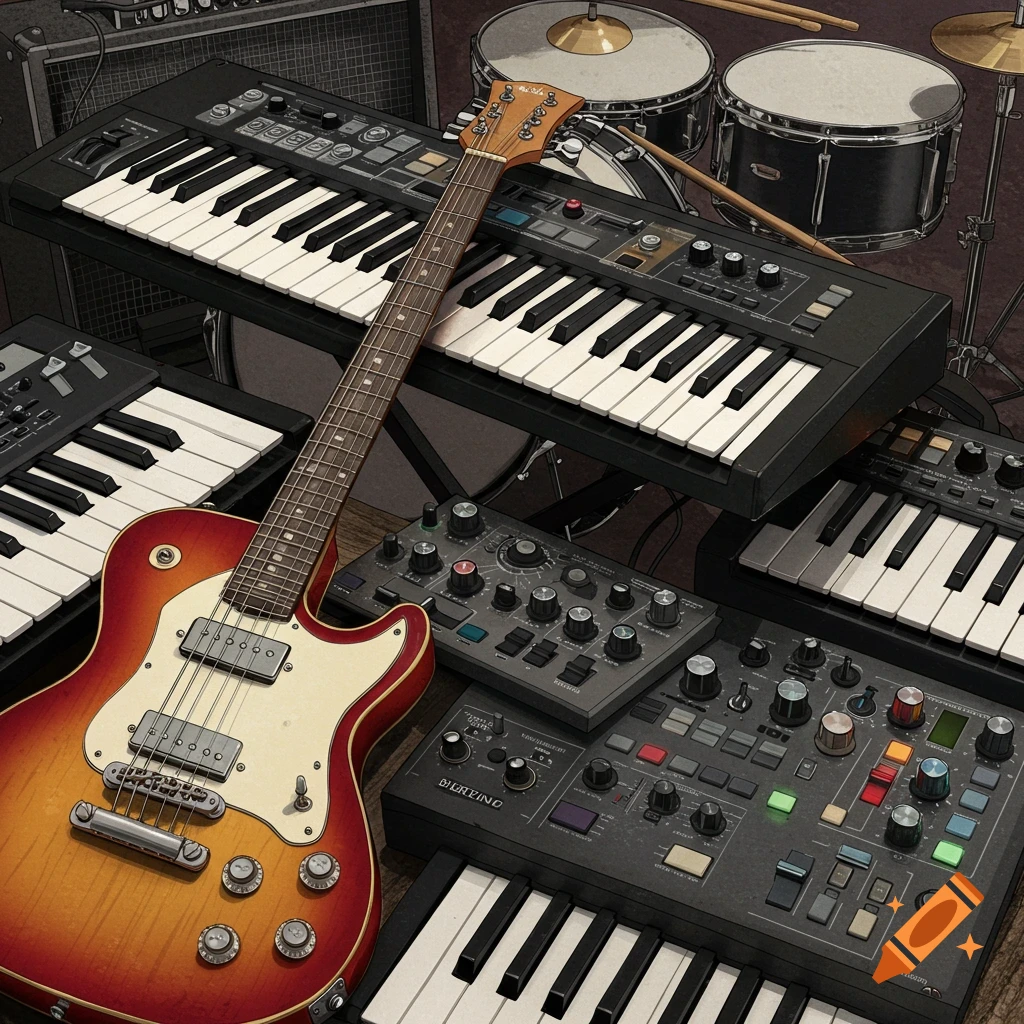 A collection of musical instruments including a guitar, keyboards, drums, and synthesizers.