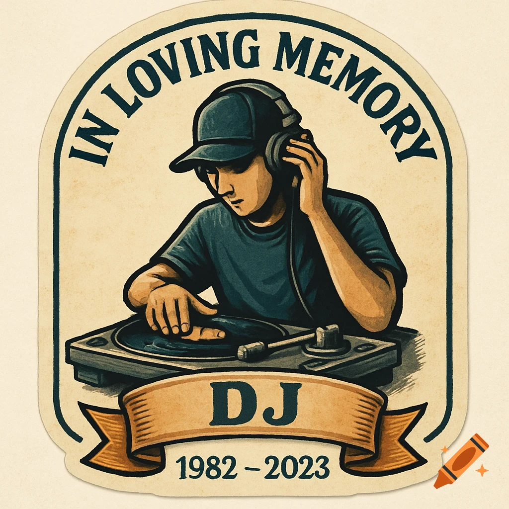 Illustration of a memorial sticker for a DJ, showing a figure with headphones and turntable, with text 'IN LOVING MEMORY DJ 1982-2023'.
