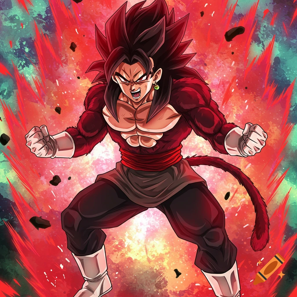 Anime character with red fur, dark spiky hair, and a tail, surrounded by a red energy aura.