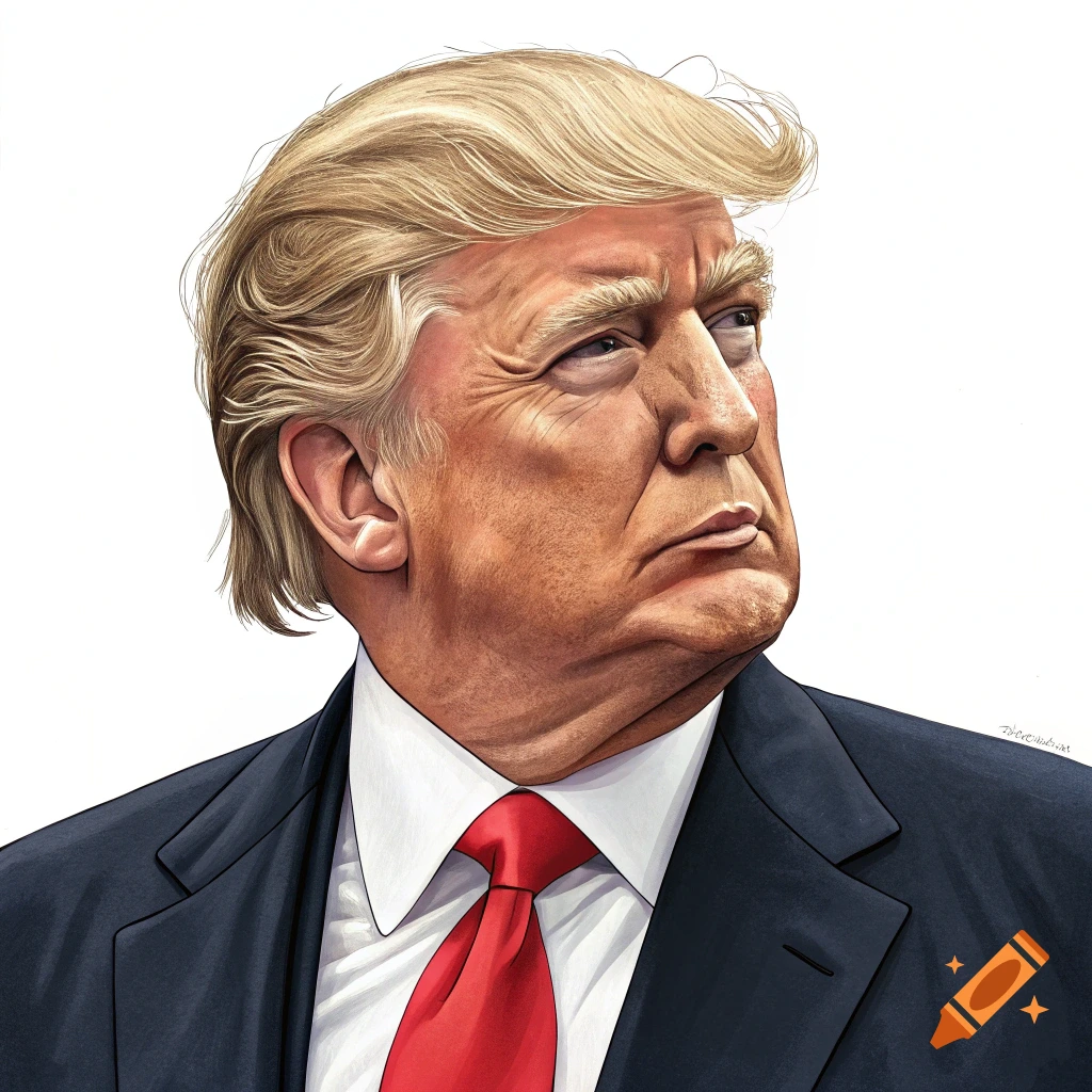 Caricature portrait of Donald Trump in a dark suit and red tie