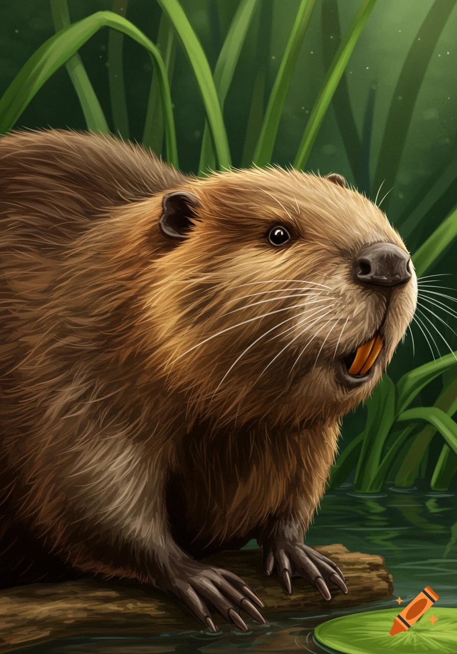Close-up of a fuzzy brown beaver with orange teeth sitting on a log in water with green grass background.