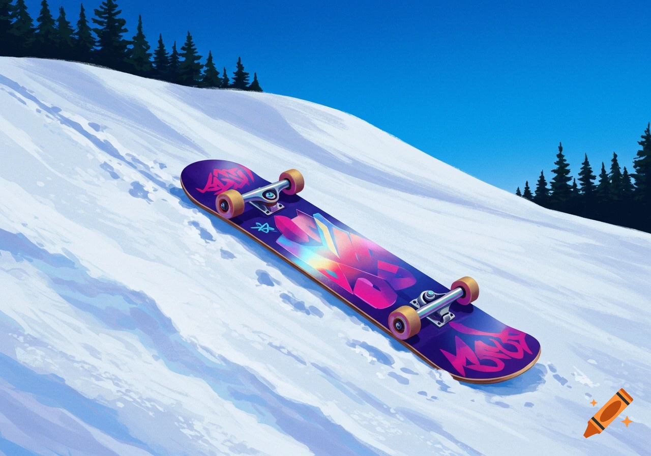 A purple skateboard with colorful text on a snowy hill.