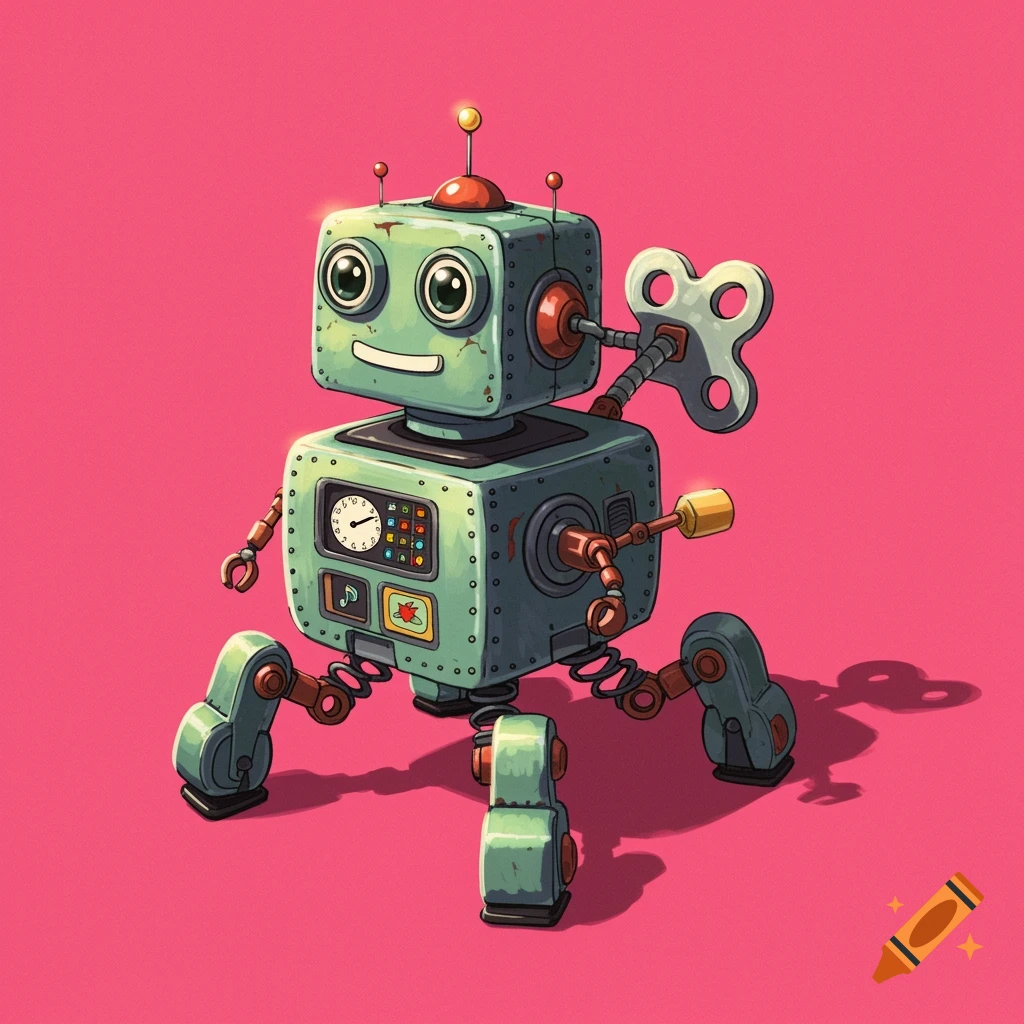 A whimsical four-legged toy robot with a clock face and wind-up key, on a pink background.