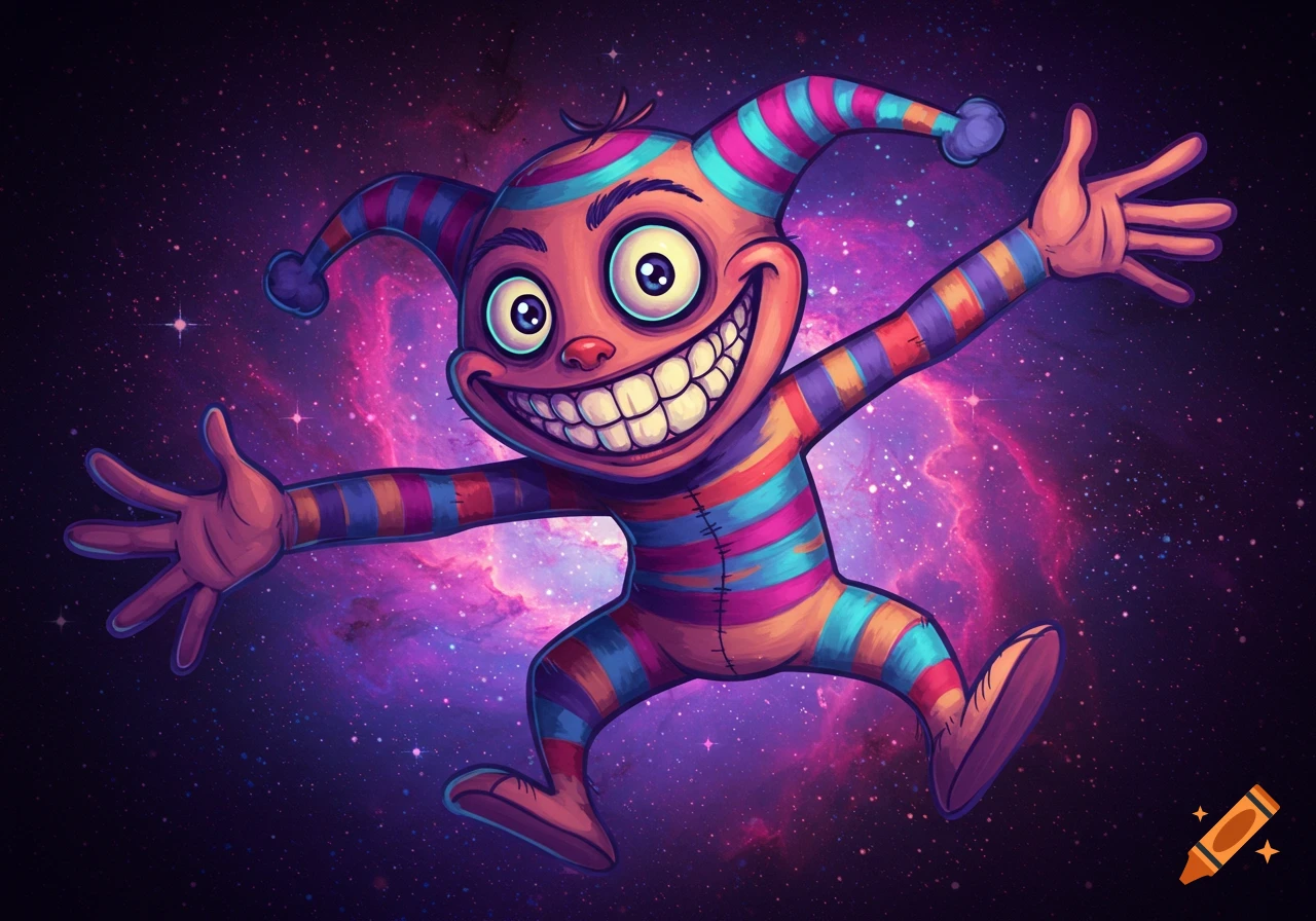 Cartoon character in colorful striped suit smiles widely in space.