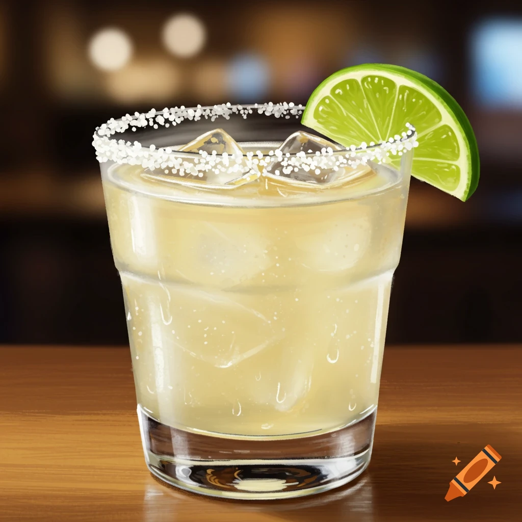 A margarita in a glass with ice, a salted rim, and a lime wedge.