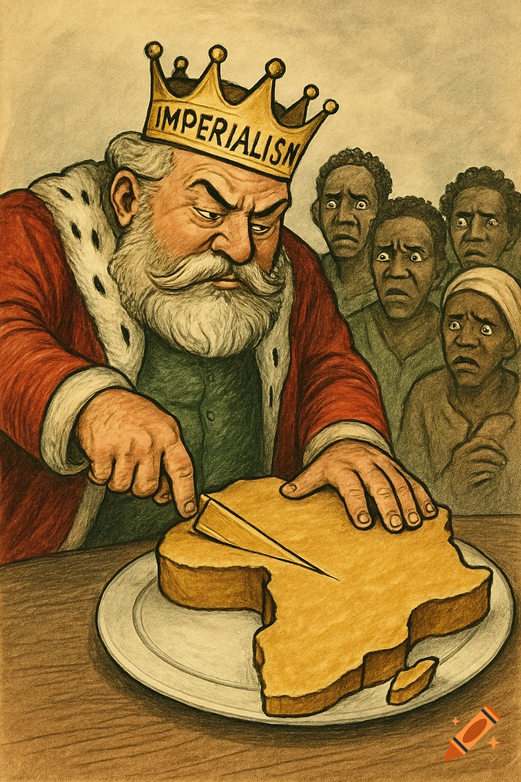 An illustration of a king wearing a crown labeled 'Imperialism' cutting a cake shaped like Africa, while frightened African people look on.