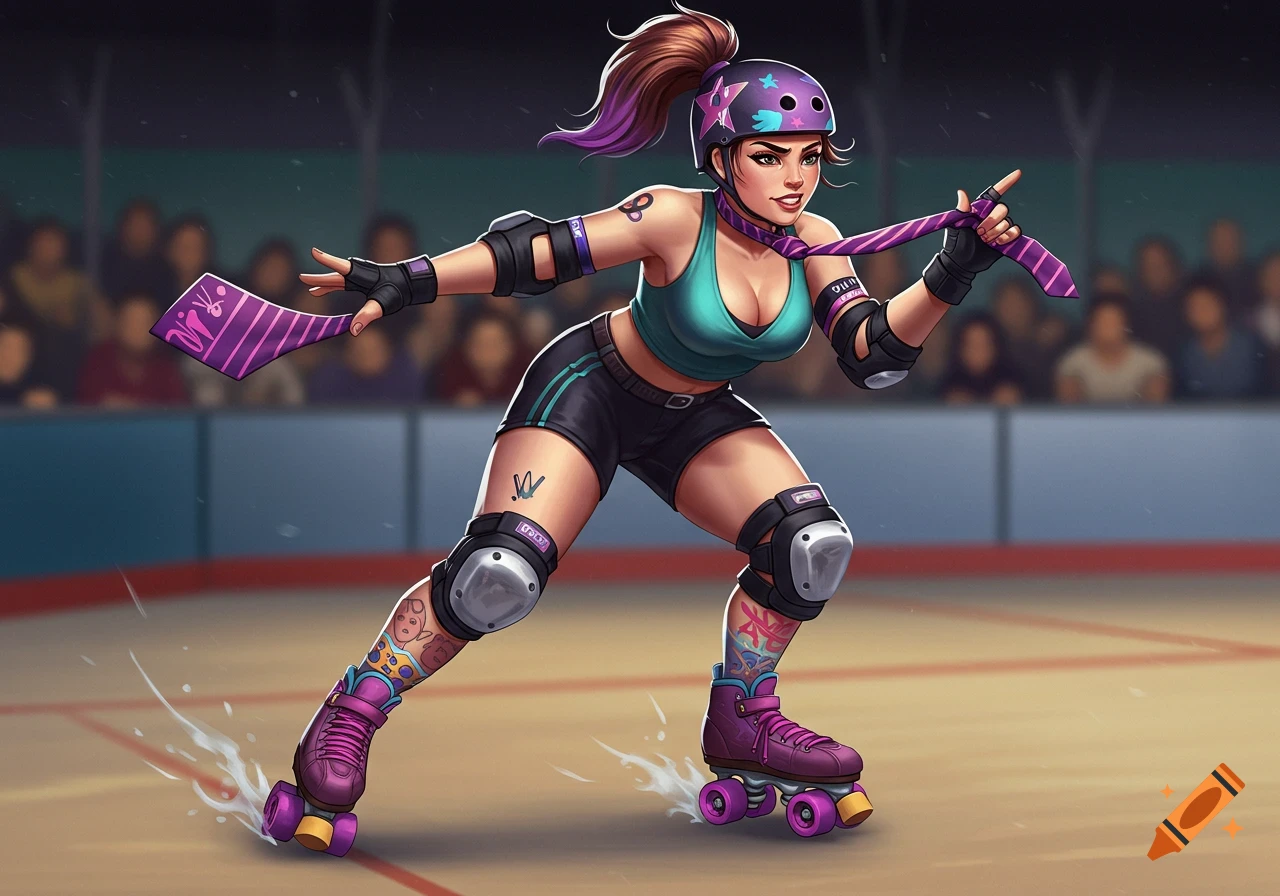 A roller derby skater on a rink holding a purple striped tie.