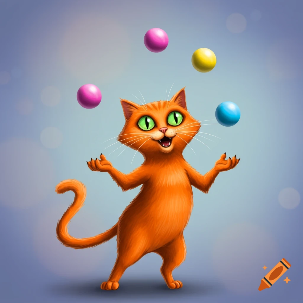 An orange cartoon cat juggling colorful balls