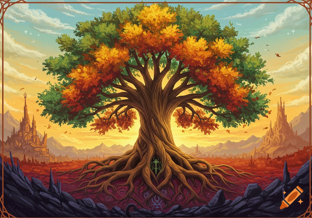 A large, ancient tree in a fantasy landscape with castles at sunset.