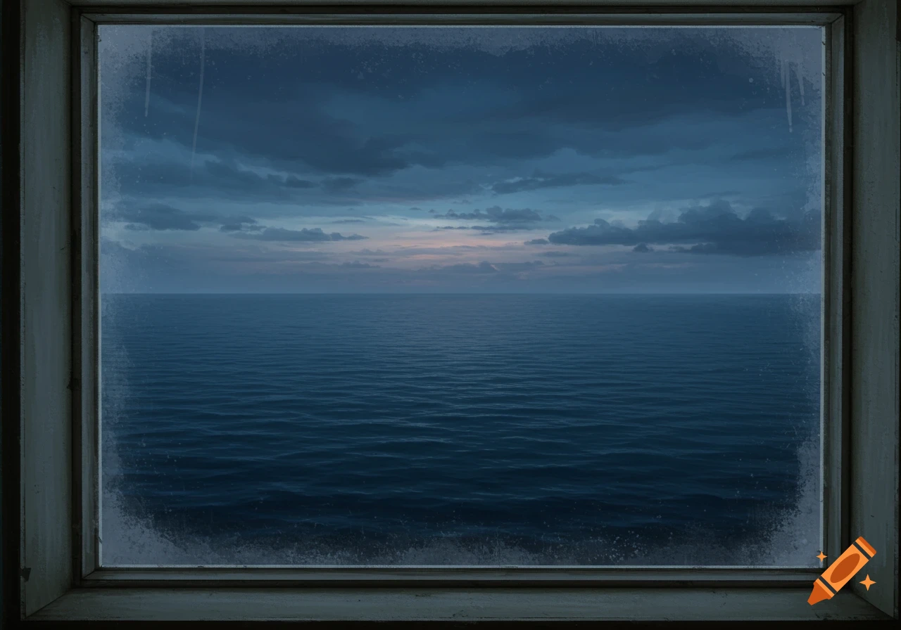A view from a window looking out at the deep sea under a stormy sky.
