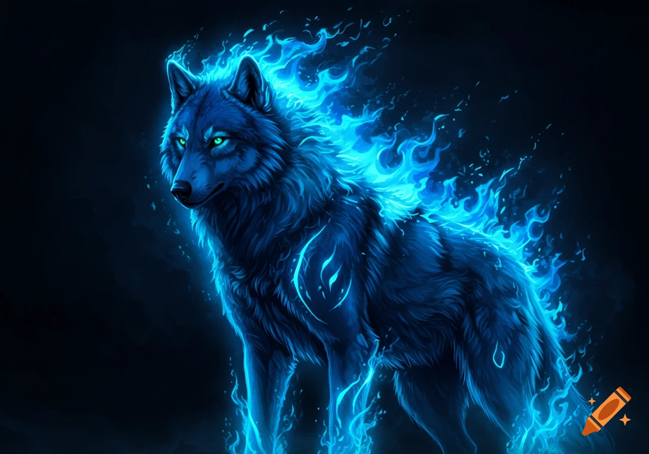 A dark blue wolf stands with its body covered in bright blue flames, against a dark background.