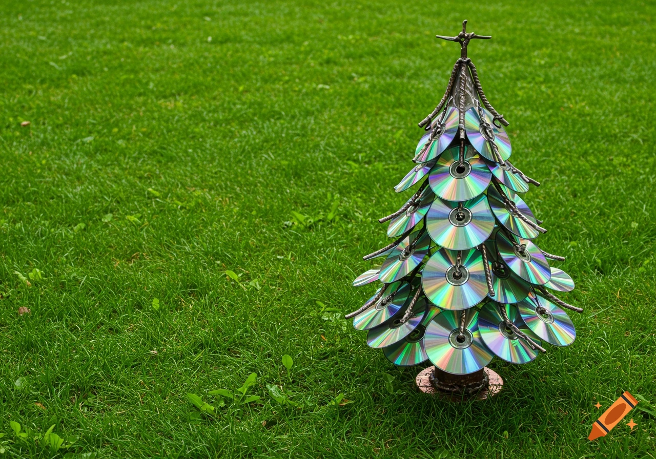 A handmade Christmas tree sculpture made from CDs stands on green grass.
