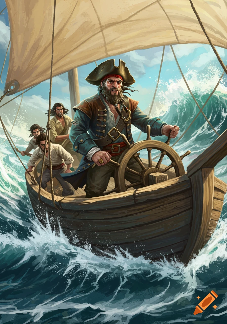 A pirate steering a ship through rough waves with crewmates.