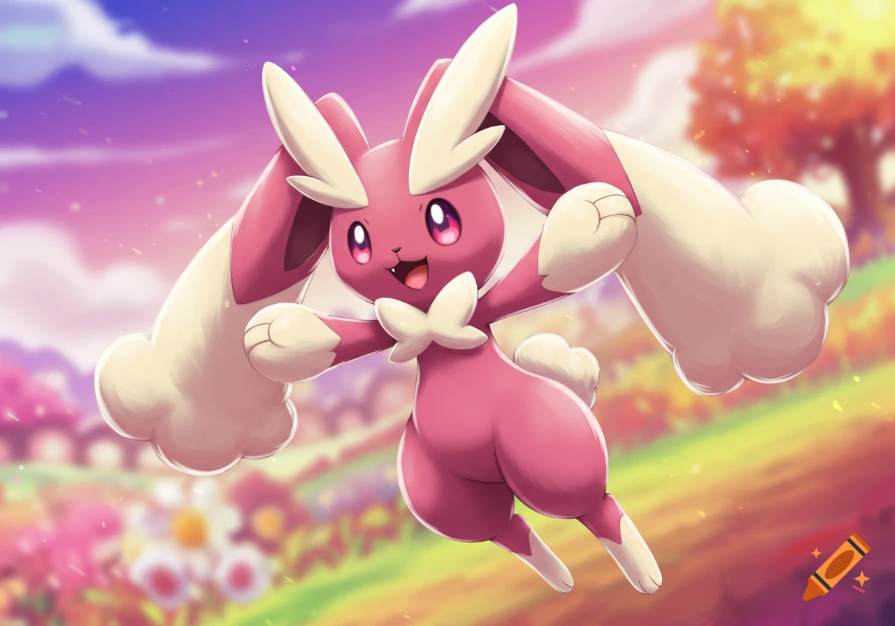 Pink rabbit-like Pokemon Lopunny floats in a colorful landscape illustration.