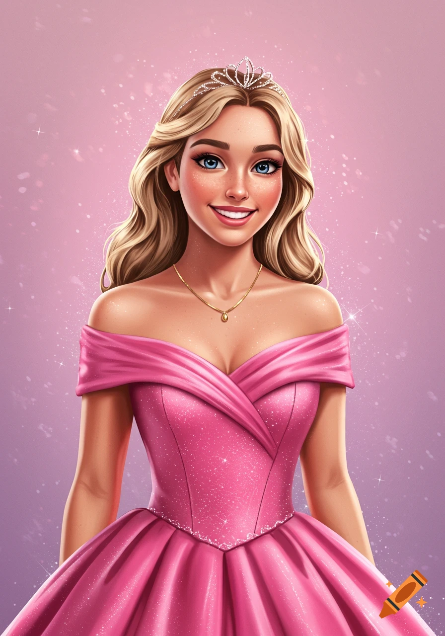 A blonde princess in a sparkling pink off-shoulder gown and tiara.