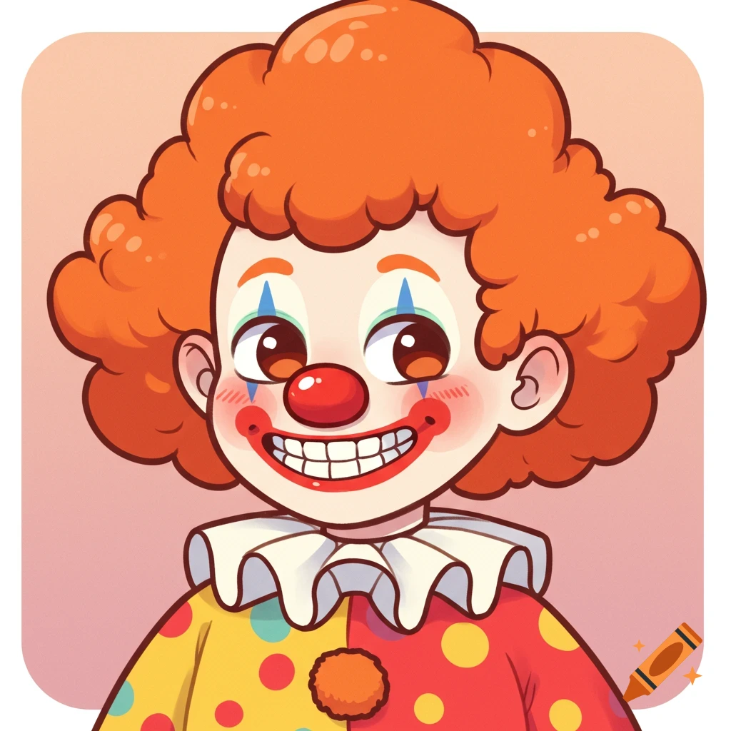 A cute animated profile picture of a clown with orange hair and a polka dot costume.