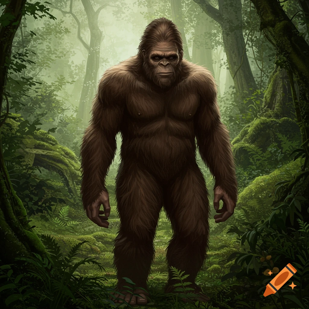 Bigfoot standing in a misty forest.