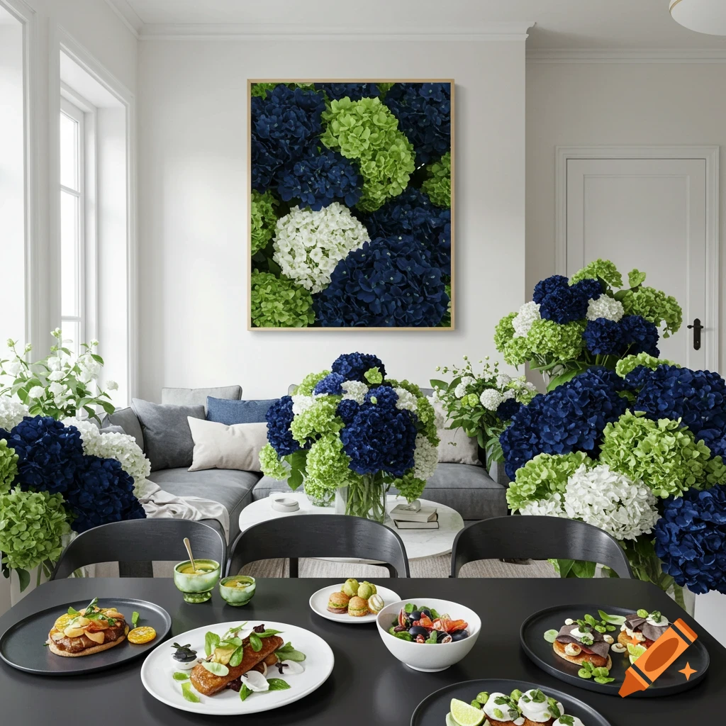 A modern living and dining room filled with navy, green, and white flowers, with food on the table.