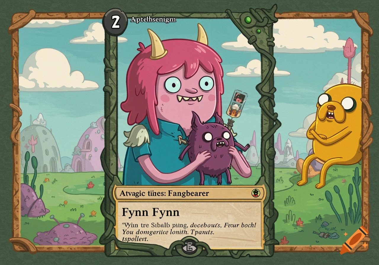 Adventure Time style trading card featuring Finn and Jake with a Fangbearer creature, in a cartoon landscape.