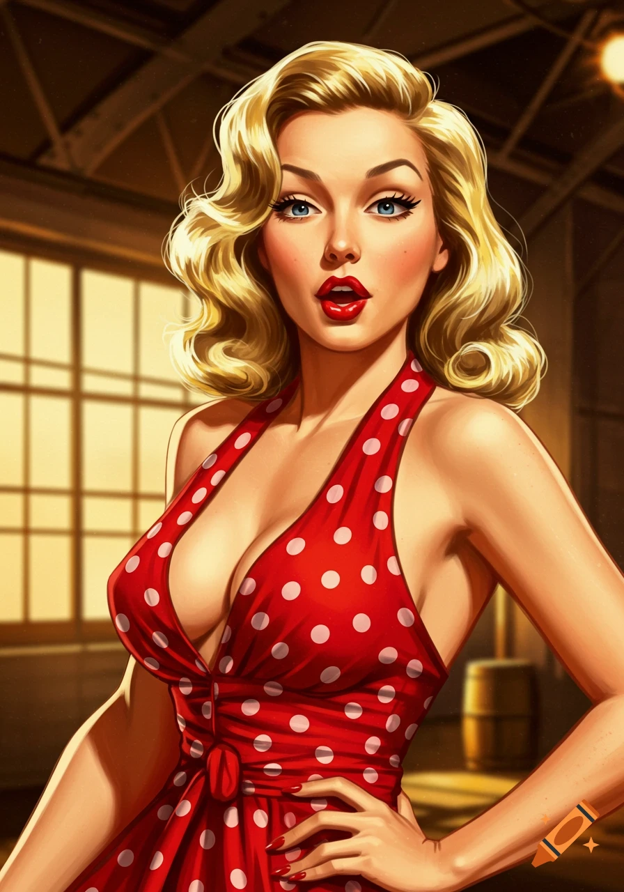A blonde woman in a red polka-dot pin-up dress