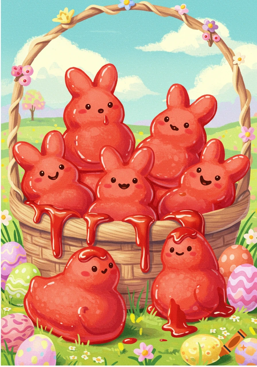 Illustration of melting red candy bunnies and chicks in an Easter basket with eggs.