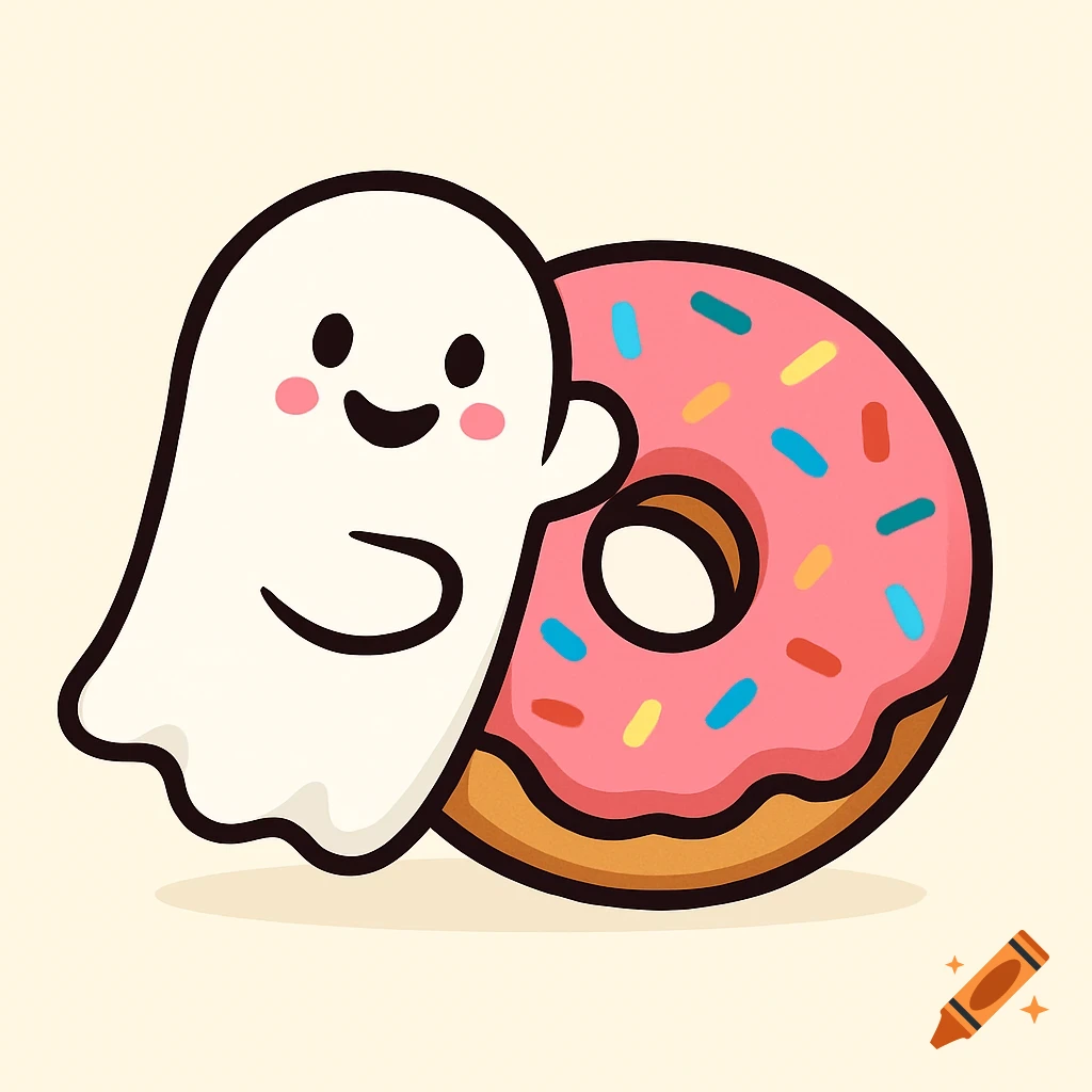 A cute cartoon ghost leans against a large pink donut with sprinkles.