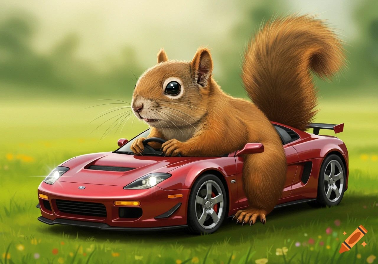 A red squirrel driving a red sports car through a grassy field.