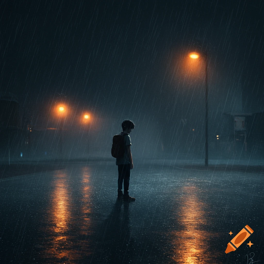 A solitary figure stands on a wet street in heavy rain under streetlights.
